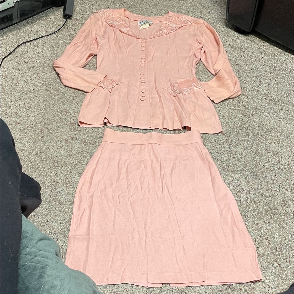 Vintage 90s lace accented Pink Two-Piece skirt Set